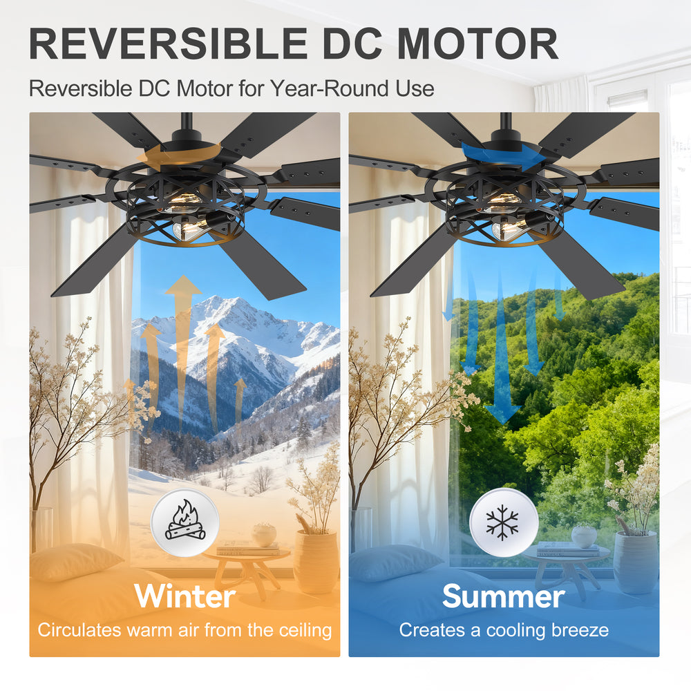 65” Ceiling Fan with Light, 8-Blade Ceiling Fan, Metal Cage Light Kit, Dual-Finish Plywood Blades, DC Motor, 6 Speeds, Remote Control, 2*E26 Bulbs Base, Downrod Mount, Modern Indoor Ceiling Fan for Living Room & Bedroom