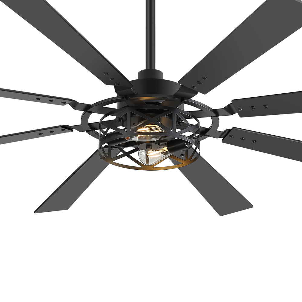 65” Ceiling Fan with Light, 8-Blade Ceiling Fan, Metal Cage Light Kit, Dual-Finish Plywood Blades, DC Motor, 6 Speeds, Remote Control, 2*E26 Bulbs Base, Downrod Mount, Modern Indoor Ceiling Fan for Living Room & Bedroom
