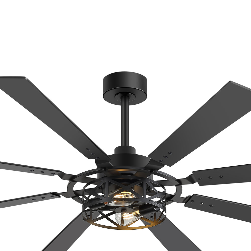 65” Ceiling Fan with Light, 8-Blade Ceiling Fan, Metal Cage Light Kit, Dual-Finish Plywood Blades, DC Motor, 6 Speeds, Remote Control, 2*E26 Bulbs Base, Downrod Mount, Modern Indoor Ceiling Fan for Living Room & Bedroom