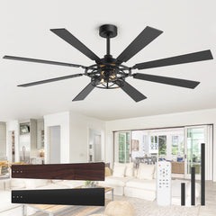 65” Ceiling Fan with Light, 8-Blade Ceiling Fan, Metal Cage Light Kit, Dual-Finish Plywood Blades, DC Motor, 6 Speeds, Remote Control, 2*E26 Bulbs Base, Downrod Mount, Modern Indoor Ceiling Fan for Living Room & Bedroom