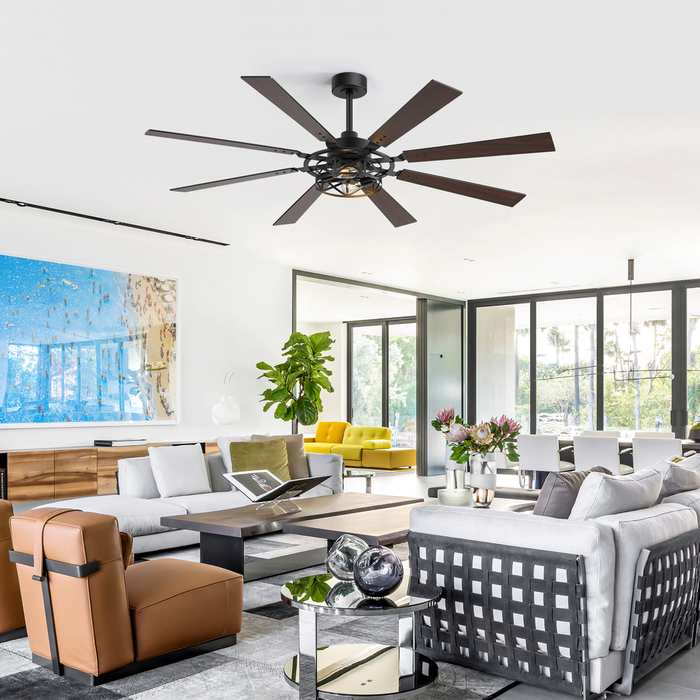65” Ceiling Fan with Light, 8-Blade Ceiling Fan, Metal Cage Light Kit, Dual-Finish Plywood Blades, DC Motor, 6 Speeds, Remote Control, 2*E26 Bulbs Base, Downrod Mount, Modern Indoor Ceiling Fan for Living Room & Bedroom