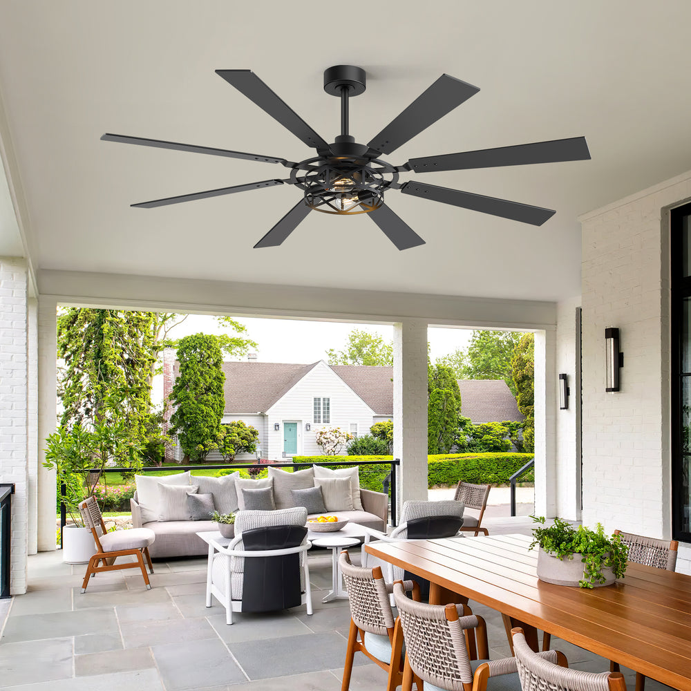 65” Ceiling Fan with Light, 8-Blade Ceiling Fan, Metal Cage Light Kit, Dual-Finish Plywood Blades, DC Motor, 6 Speeds, Remote Control, 2*E26 Bulbs Base, Downrod Mount, Modern Indoor Ceiling Fan for Living Room & Bedroom