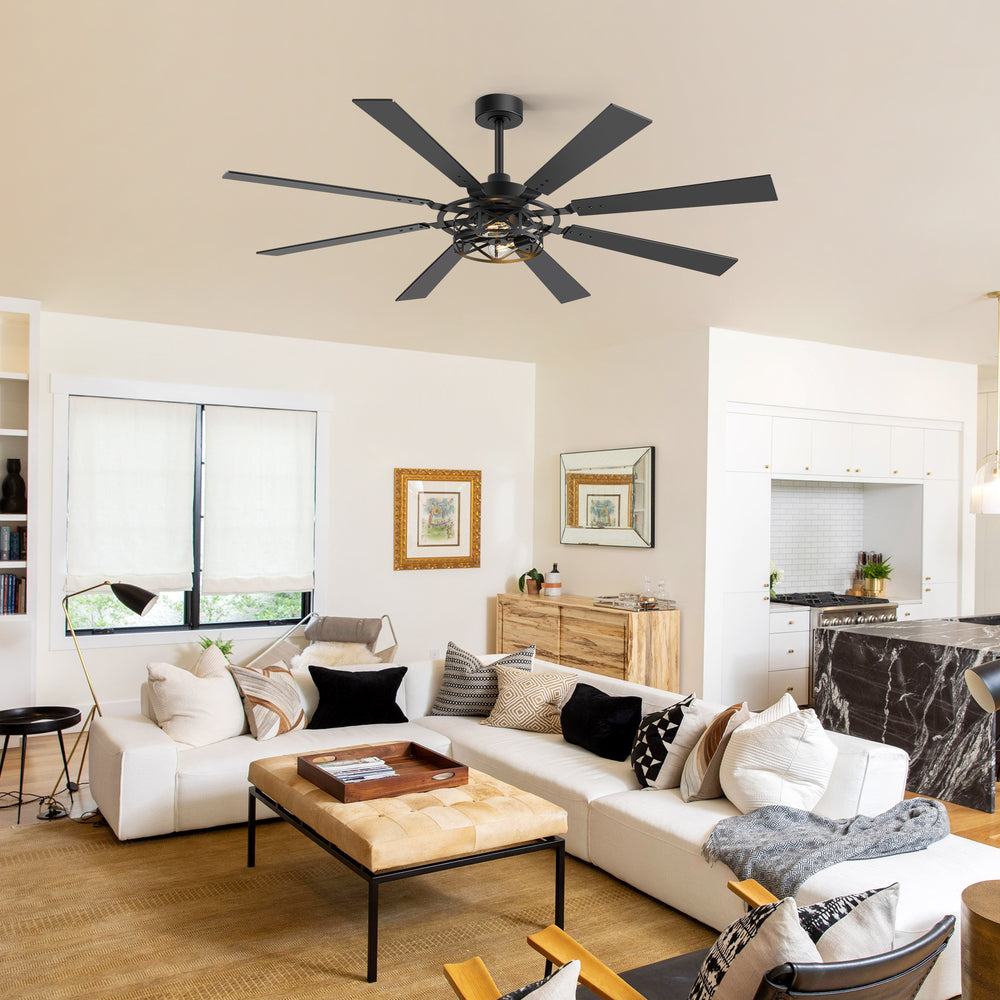 65” Ceiling Fan with Light, 8-Blade Ceiling Fan, Metal Cage Light Kit, Dual-Finish Plywood Blades, DC Motor, 6 Speeds, Remote Control, 2*E26 Bulbs Base, Downrod Mount, Modern Indoor Ceiling Fan for Living Room & Bedroom
