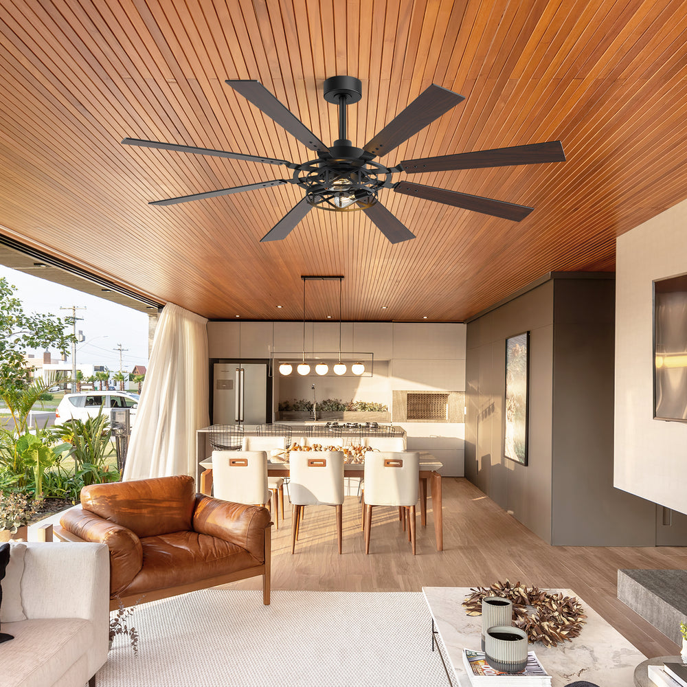 65” Ceiling Fan with Light, 8-Blade Ceiling Fan, Metal Cage Light Kit, Dual-Finish Plywood Blades, DC Motor, 6 Speeds, Remote Control, 2*E26 Bulbs Base, Downrod Mount, Modern Indoor Ceiling Fan for Living Room & Bedroom