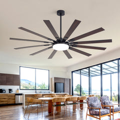 72” Ceiling Fan with Light,Modern 12-Blade LED Ceiling Fan with Remote,3000K/4000K/6000K with Light Memory Function,DC motor, Dual-finish Plywood Blades, Full-function Remote Control, reversible airflow, and 6”/12”/24” Downrods for Large Indoor Spaces