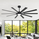 Noirframe 72 80 inch large black 10-blade ceiling fan with light in a living room wide windows

