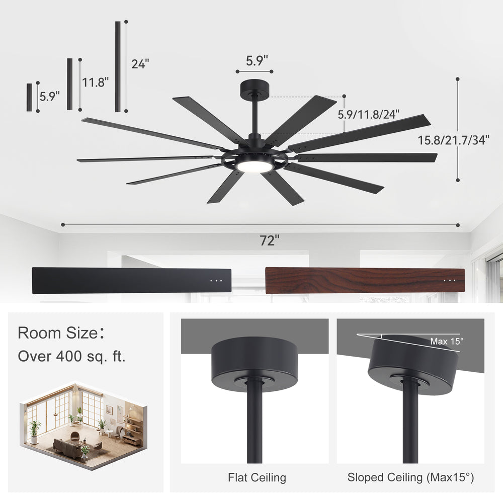 Breezary 72"/80" 10-Blade Silent DC Motor Industrial Ceiling Fan with 3-CCT LED Light (Multi-Size)