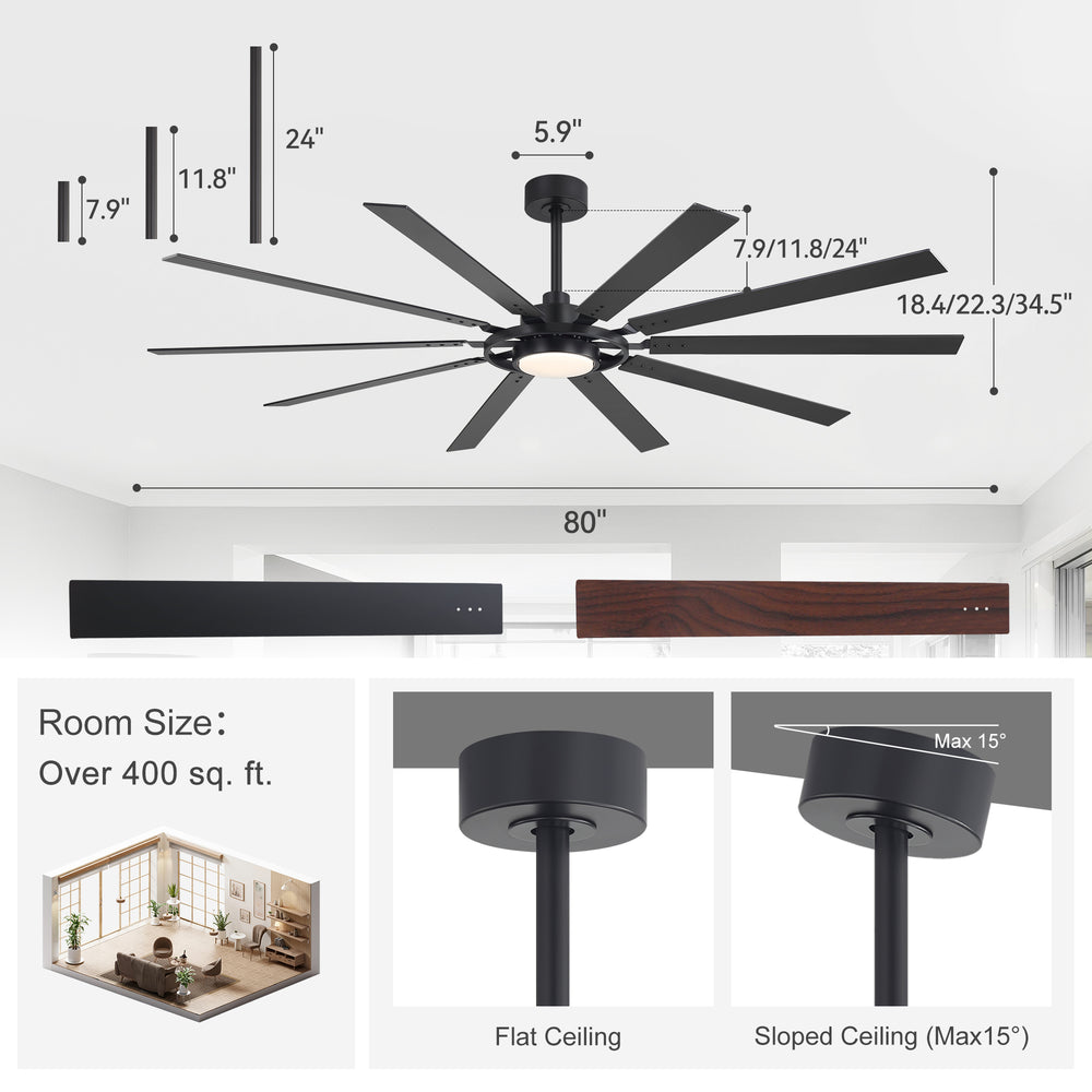 Breezary 72"/80" 10-Blade Silent DC Motor Industrial Ceiling Fan with 3-CCT LED Light (Multi-Size)