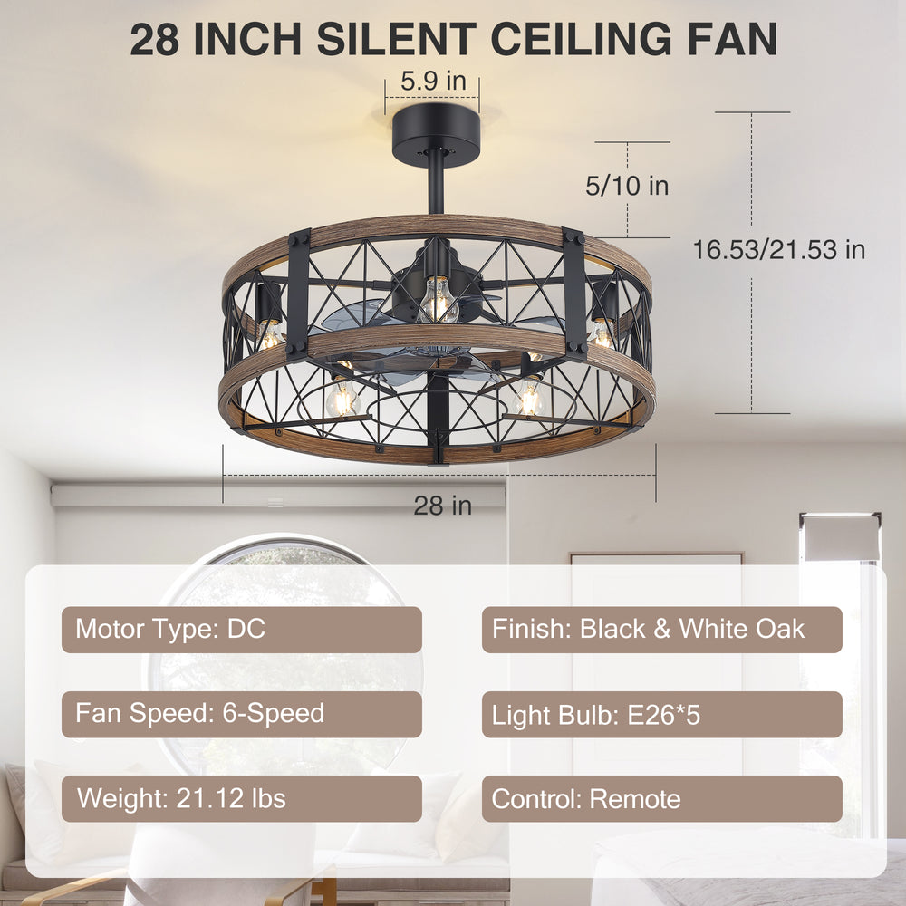 28-Inch Small Caged Ceiling Fan with Light, Quiet DC Motor, 7 ABS Blades, 6-Speed Reversible Remote Control, E26 Bulb Base (5-Light, Bulbs Not Included)