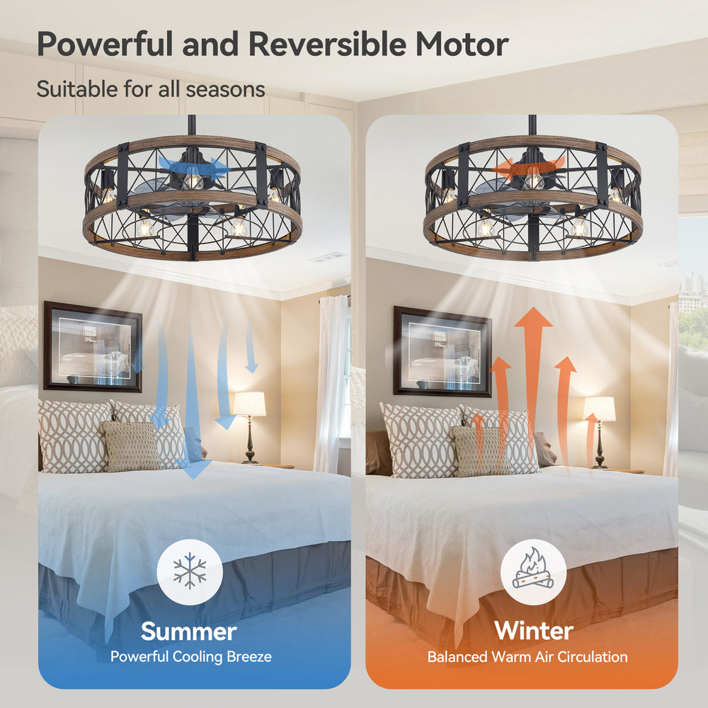 28-Inch Small Caged Ceiling Fan with Light, Quiet DC Motor, 7 ABS Blades, 6-Speed Reversible Remote Control, E26 Bulb Base (5-Light, Bulbs Not Included)