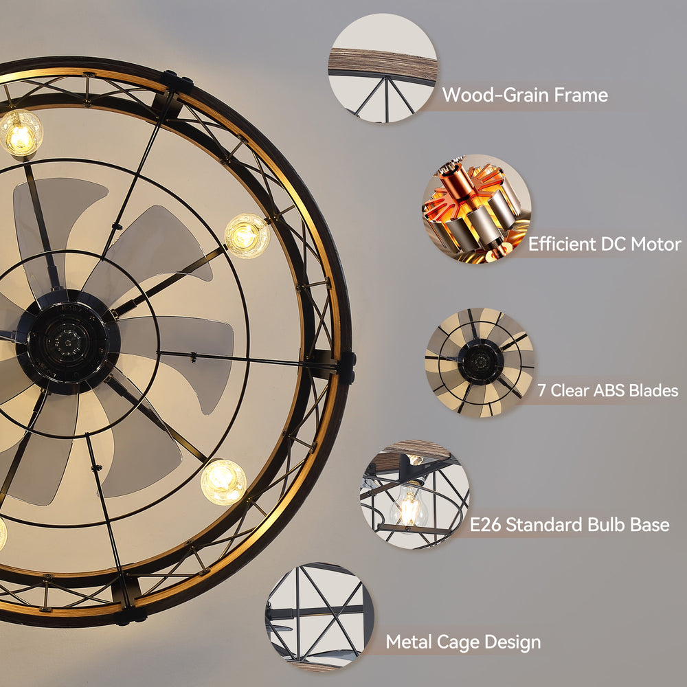 28-Inch Small Caged Ceiling Fan with Light, Quiet DC Motor, 7 ABS Blades, 6-Speed Reversible Remote Control, E26 Bulb Base (5-Light, Bulbs Not Included)
