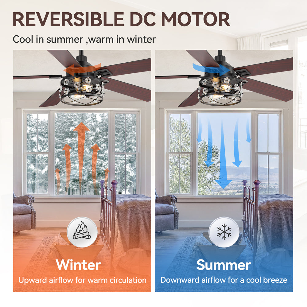 52-Inch Floral Glass Cage Ceiling Fan with Light and Remote – 5 Reversible Dual-Finish Blades, Quiet Energy-Saving DC Motor with 6 Speeds & Reversible Airflow, Includes 5" & 10" Downrods