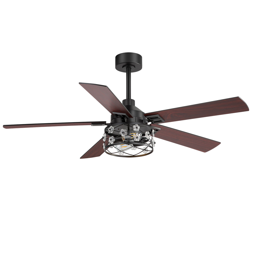 52-Inch Floral Glass Cage Ceiling Fan with Light and Remote – 5 Reversible Dual-Finish Blades, Quiet Energy-Saving DC Motor with 6 Speeds & Reversible Airflow, Includes 5" & 10" Downrods