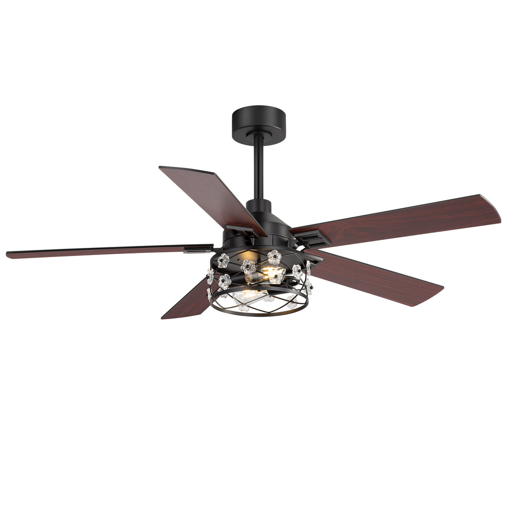 52-Inch Floral Glass Cage Ceiling Fan with Light and Remote – 5 Reversible Dual-Finish Blades, Quiet Energy-Saving DC Motor with 6 Speeds & Reversible Airflow, Includes 5" & 10" Downrods