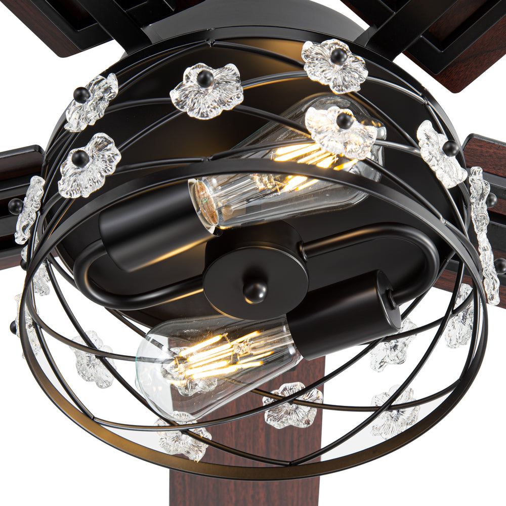 52-Inch Floral Glass Cage Ceiling Fan with Light and Remote – 5 Reversible Dual-Finish Blades, Quiet Energy-Saving DC Motor with 6 Speeds & Reversible Airflow, Includes 5" & 10" Downrods