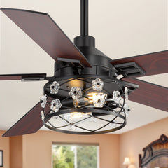 52-inch Reversible 5-Blade Farmhouse Glam Floral Glass Caged Ceiling Fan with Light and Remote