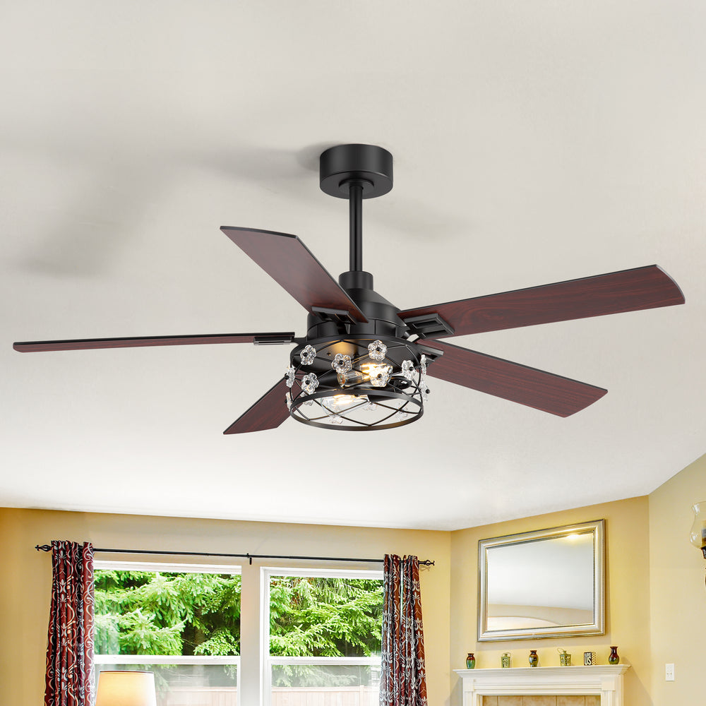52-Inch Floral Glass Cage Ceiling Fan with Light and Remote – 5 Reversible Dual-Finish Blades, Quiet Energy-Saving DC Motor with 6 Speeds & Reversible Airflow, Includes 5" & 10" Downrods