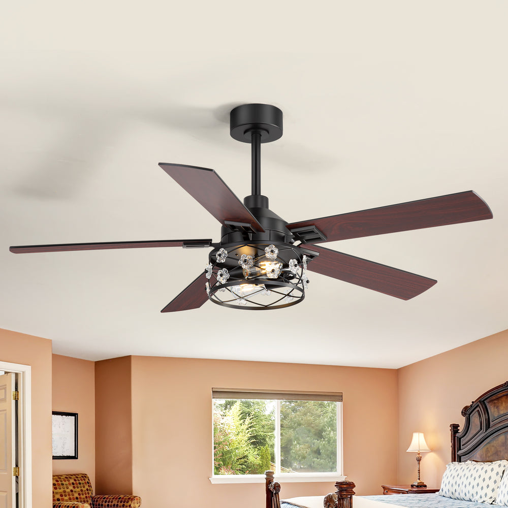 52-Inch Floral Glass Cage Ceiling Fan with Light and Remote – 5 Reversible Dual-Finish Blades, Quiet Energy-Saving DC Motor with 6 Speeds & Reversible Airflow, Includes 5" & 10" Downrods