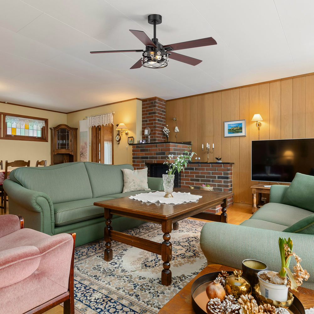 52-Inch Floral Glass Cage Ceiling Fan with Light and Remote – 5 Reversible Dual-Finish Blades, Quiet Energy-Saving DC Motor with 6 Speeds & Reversible Airflow, Includes 5" & 10" Downrods