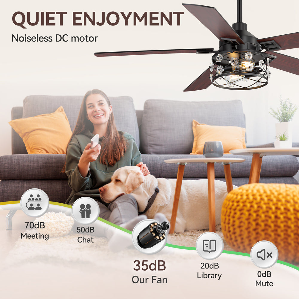 52-Inch Floral Glass Cage Ceiling Fan with Light and Remote – 5 Reversible Dual-Finish Blades, Quiet Energy-Saving DC Motor with 6 Speeds & Reversible Airflow, Includes 5" & 10" Downrods