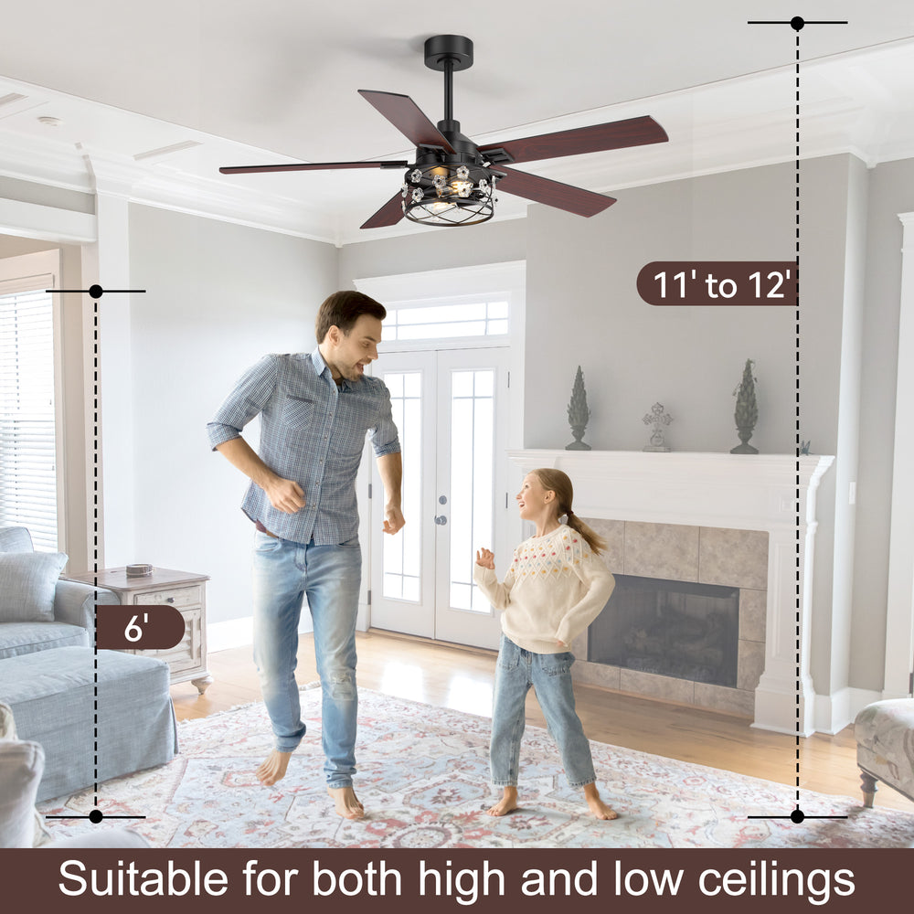 52-Inch Floral Glass Cage Ceiling Fan with Light and Remote – 5 Reversible Dual-Finish Blades, Quiet Energy-Saving DC Motor with 6 Speeds & Reversible Airflow, Includes 5" & 10" Downrods
