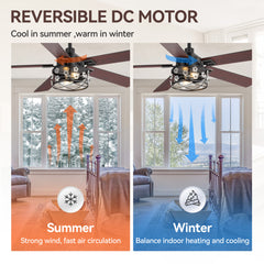 52-inch Reversible 5-Blade Farmhouse Glam Floral Glass Caged Ceiling Fan with Light and Remote