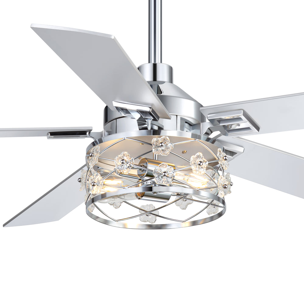 52-Inch Floral Glass Cage Ceiling Fan with Light and Remote – 5 Reversible Dual-Finish Blades, Quiet Energy-Saving DC Motor with 6 Speeds & Reversible Airflow, Includes 5" & 10" Downrods