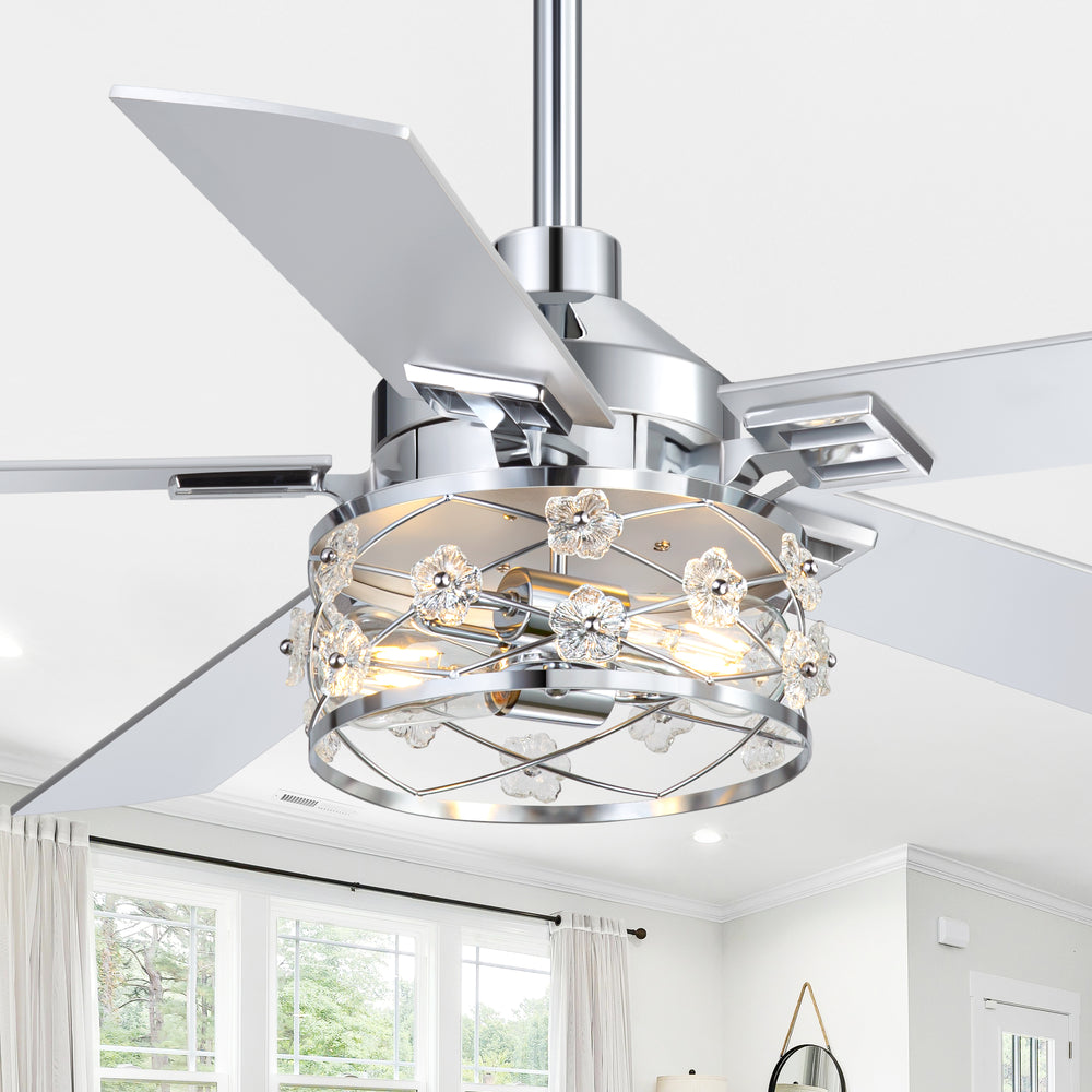 52-Inch Floral Glass Cage Ceiling Fan with Light and Remote – 5 Reversible Dual-Finish Blades, Quiet Energy-Saving DC Motor with 6 Speeds & Reversible Airflow, Includes 5" & 10" Downrods