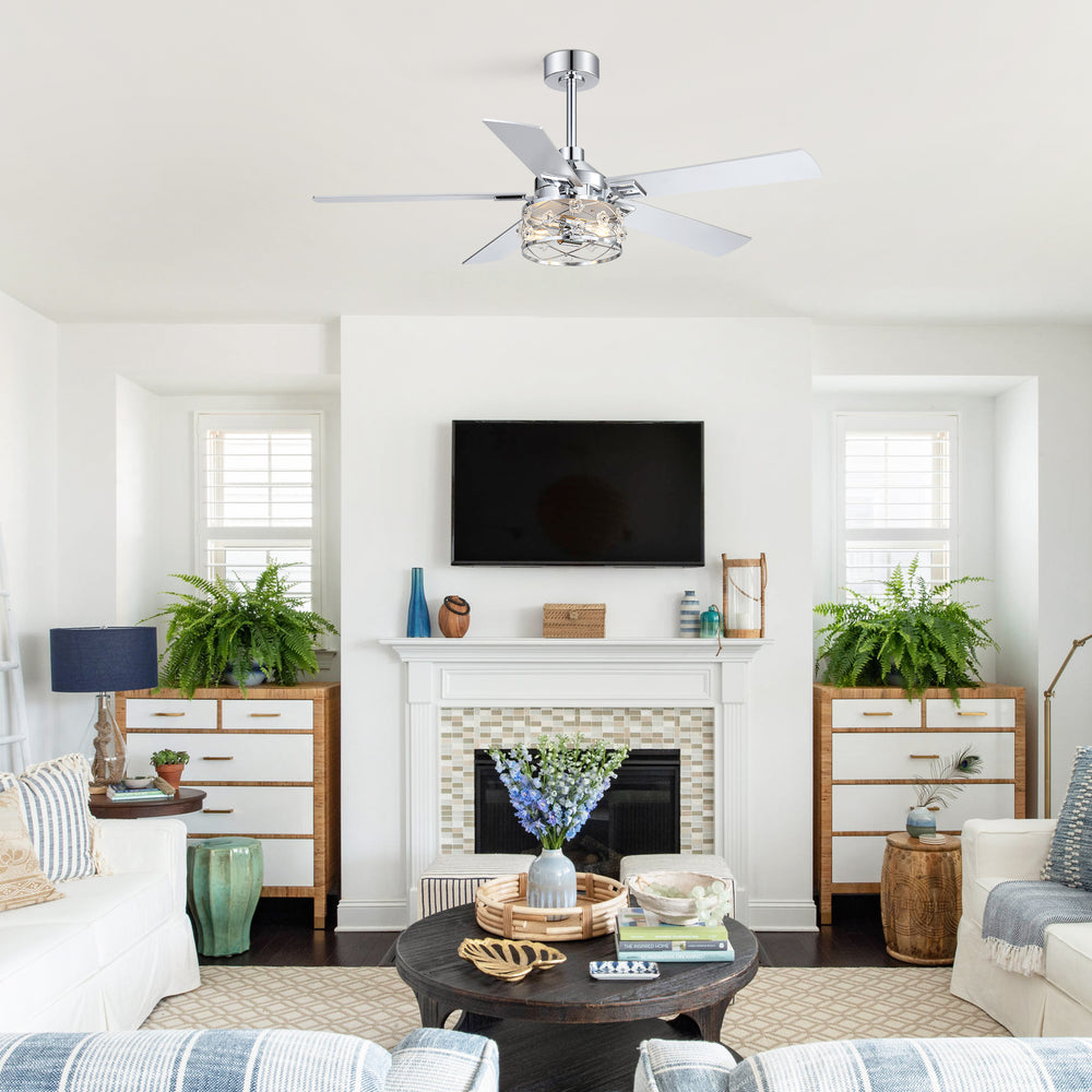 52-Inch Floral Glass Cage Ceiling Fan with Light and Remote – 5 Reversible Dual-Finish Blades, Quiet Energy-Saving DC Motor with 6 Speeds & Reversible Airflow, Includes 5" & 10" Downrods