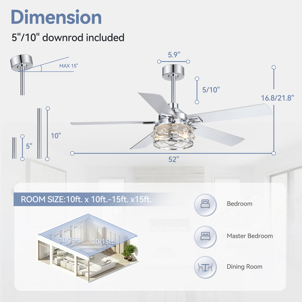 52-Inch Floral Glass Cage Ceiling Fan with Light and Remote – 5 Reversible Dual-Finish Blades, Quiet Energy-Saving DC Motor with 6 Speeds & Reversible Airflow, Includes 5" & 10" Downrods