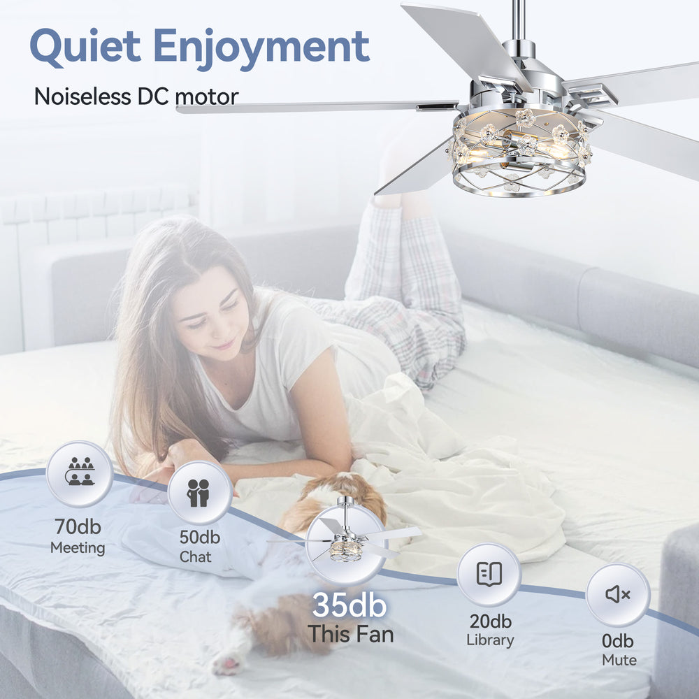 52-Inch Floral Glass Cage Ceiling Fan with Light and Remote – 5 Reversible Dual-Finish Blades, Quiet Energy-Saving DC Motor with 6 Speeds & Reversible Airflow, Includes 5" & 10" Downrods