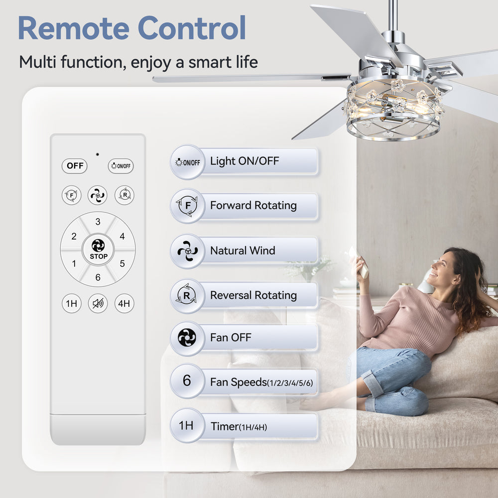 52-Inch Floral Glass Cage Ceiling Fan with Light and Remote – 5 Reversible Dual-Finish Blades, Quiet Energy-Saving DC Motor with 6 Speeds & Reversible Airflow, Includes 5" & 10" Downrods