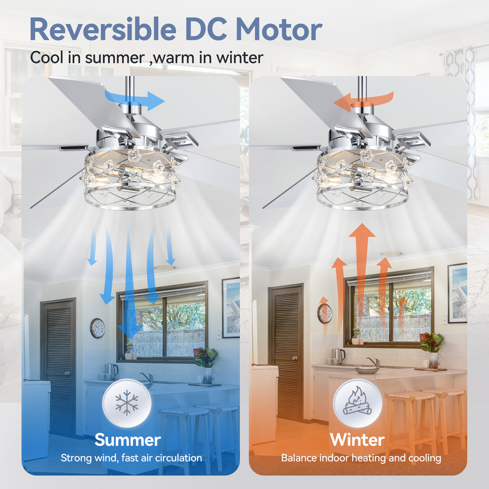 52-Inch Floral Glass Cage Ceiling Fan with Light and Remote – 5 Reversible Dual-Finish Blades, Quiet Energy-Saving DC Motor with 6 Speeds & Reversible Airflow, Includes 5" & 10" Downrods