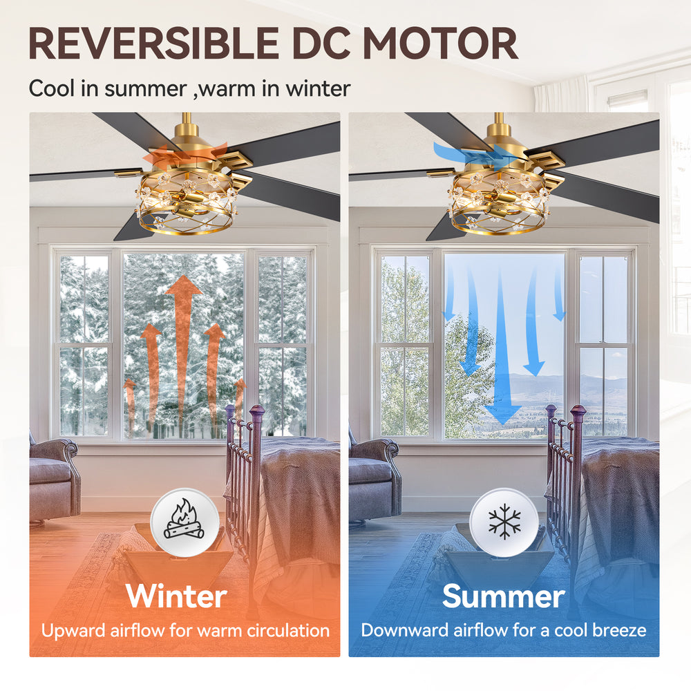 52-Inch Floral Glass Cage Ceiling Fan with Light and Remote – 5 Reversible Dual-Finish Blades, Quiet Energy-Saving DC Motor with 6 Speeds & Reversible Airflow, Includes 5" & 10" Downrods