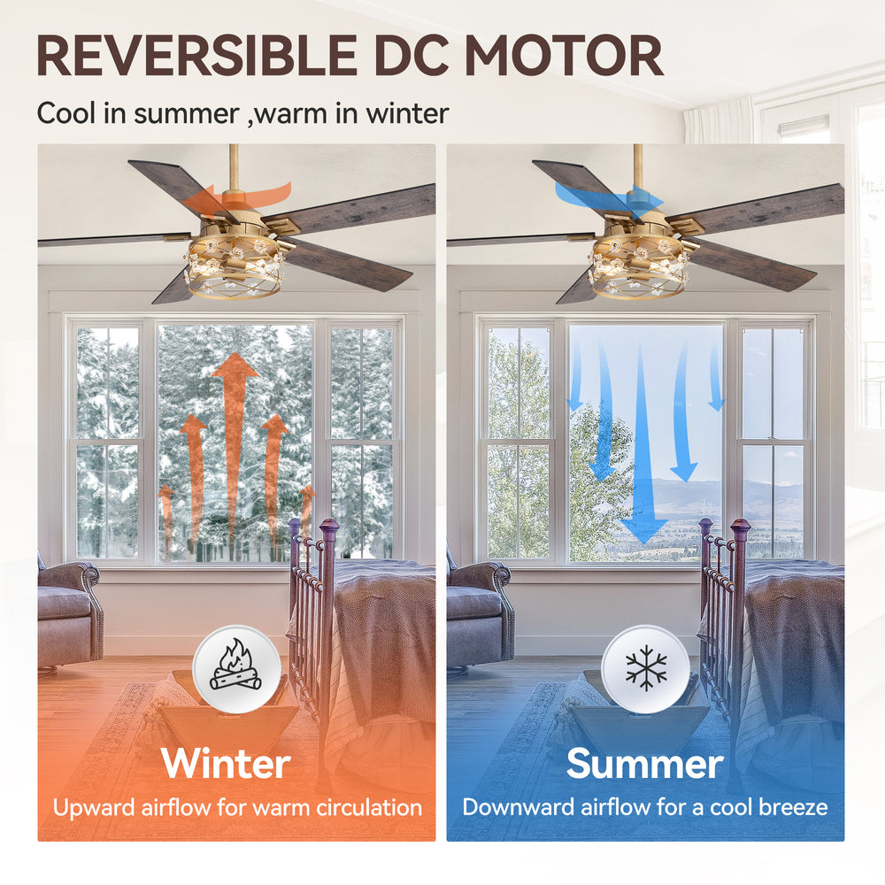 52-Inch Floral Glass Cage Ceiling Fan with Light and Remote – 5 Reversible Dual-Finish Blades, Quiet Energy-Saving DC Motor with 6 Speeds & Reversible Airflow, Includes 5" & 10" Downrods