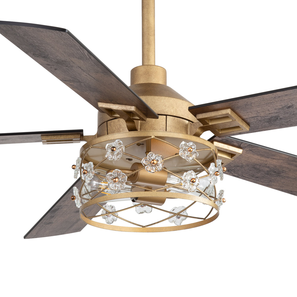 52-Inch Floral Glass Cage Ceiling Fan with Light and Remote – 5 Reversible Dual-Finish Blades, Quiet Energy-Saving DC Motor with 6 Speeds & Reversible Airflow, Includes 5" & 10" Downrods