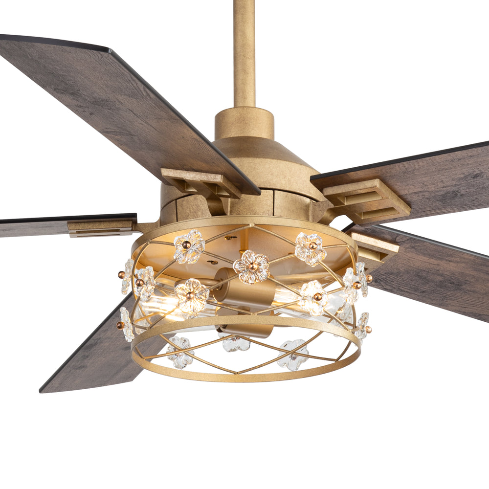 52-Inch Floral Glass Cage Ceiling Fan with Light and Remote – 5 Reversible Dual-Finish Blades, Quiet Energy-Saving DC Motor with 6 Speeds & Reversible Airflow, Includes 5" & 10" Downrods