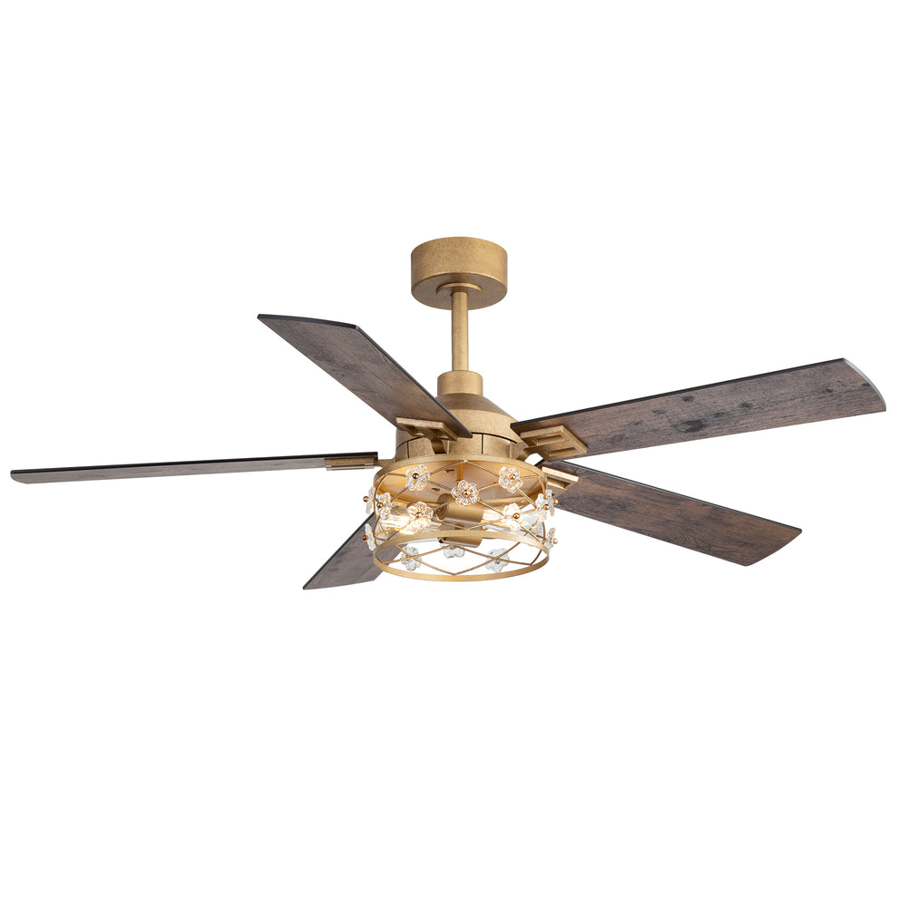 52-Inch Floral Glass Cage Ceiling Fan with Light and Remote – 5 Reversible Dual-Finish Blades, Quiet Energy-Saving DC Motor with 6 Speeds & Reversible Airflow, Includes 5" & 10" Downrods