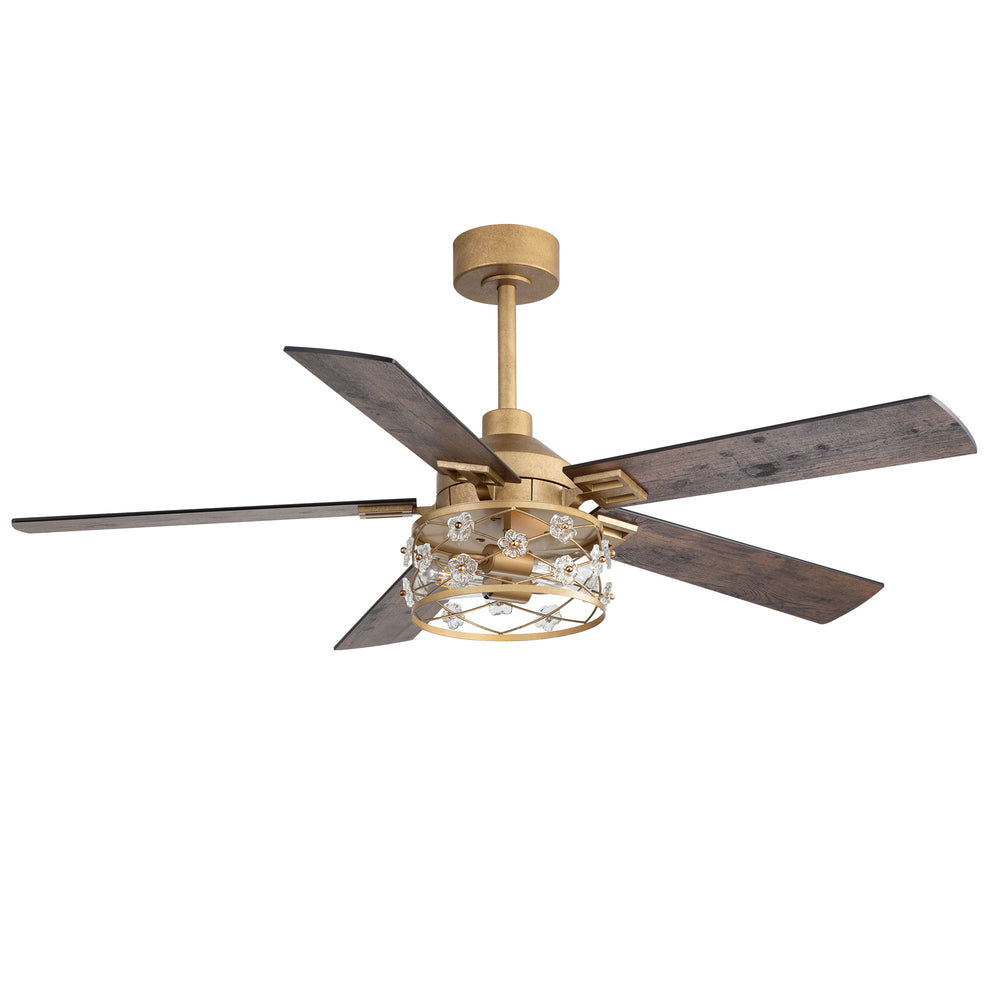 52-Inch Floral Glass Cage Ceiling Fan with Light and Remote – 5 Reversible Dual-Finish Blades, Quiet Energy-Saving DC Motor with 6 Speeds & Reversible Airflow, Includes 5" & 10" Downrods