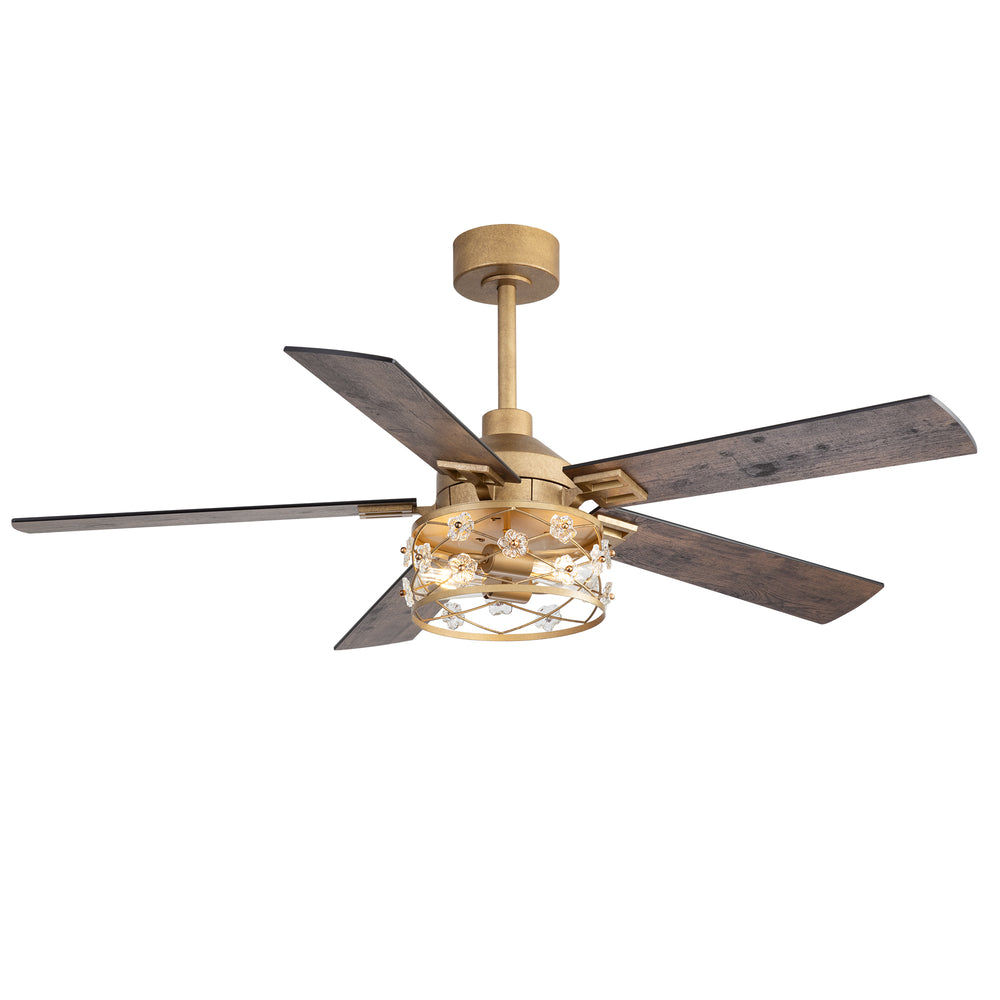 52-Inch Floral Glass Cage Ceiling Fan with Light and Remote – 5 Reversible Dual-Finish Blades, Quiet Energy-Saving DC Motor with 6 Speeds & Reversible Airflow, Includes 5" & 10" Downrods