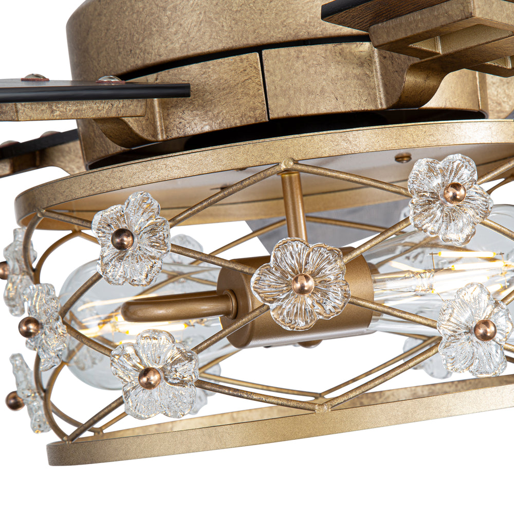 52-Inch Floral Glass Cage Ceiling Fan with Light and Remote – 5 Reversible Dual-Finish Blades, Quiet Energy-Saving DC Motor with 6 Speeds & Reversible Airflow, Includes 5" & 10" Downrods