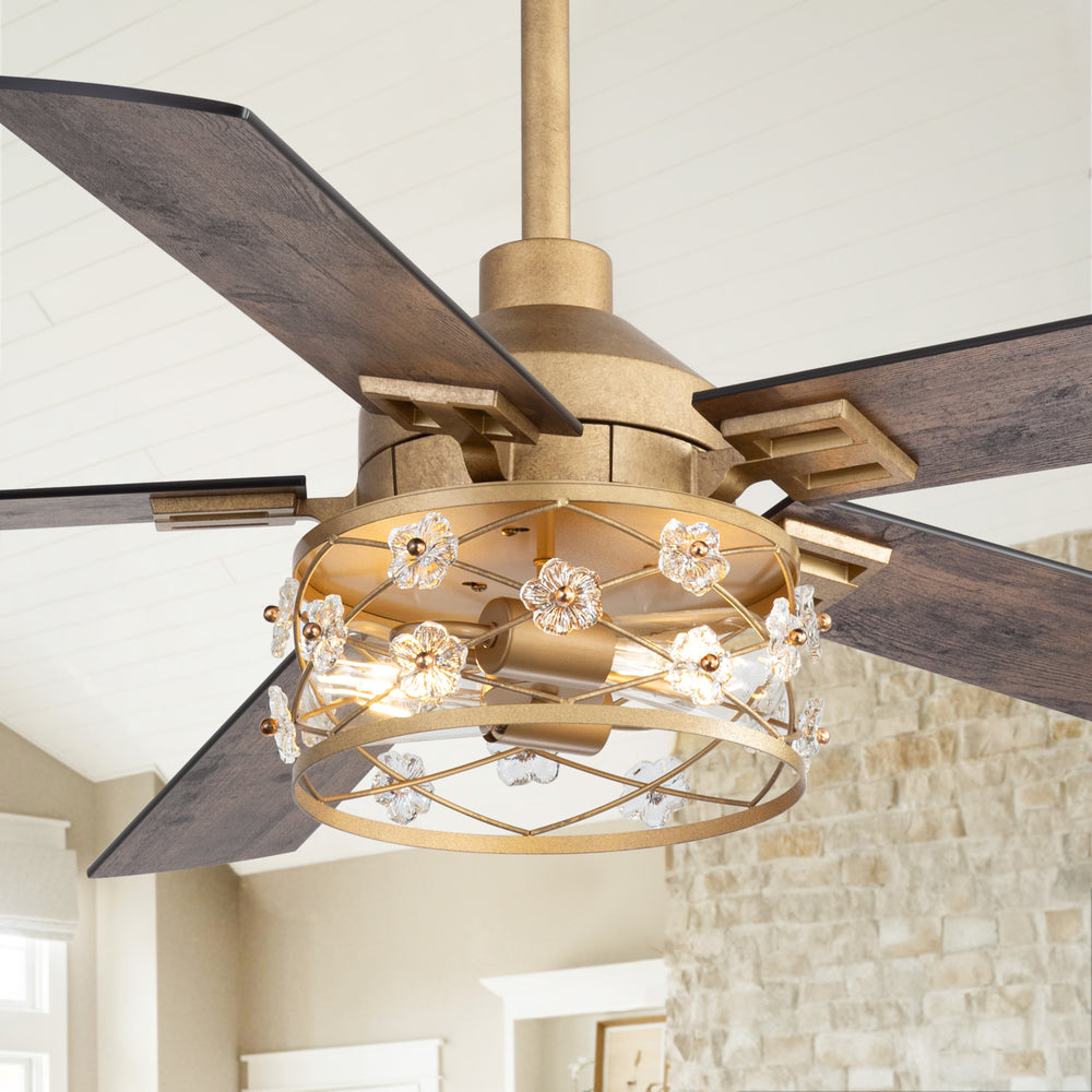 52-Inch Floral Glass Cage Ceiling Fan with Light and Remote – 5 Reversible Dual-Finish Blades, Quiet Energy-Saving DC Motor with 6 Speeds & Reversible Airflow, Includes 5" & 10" Downrods