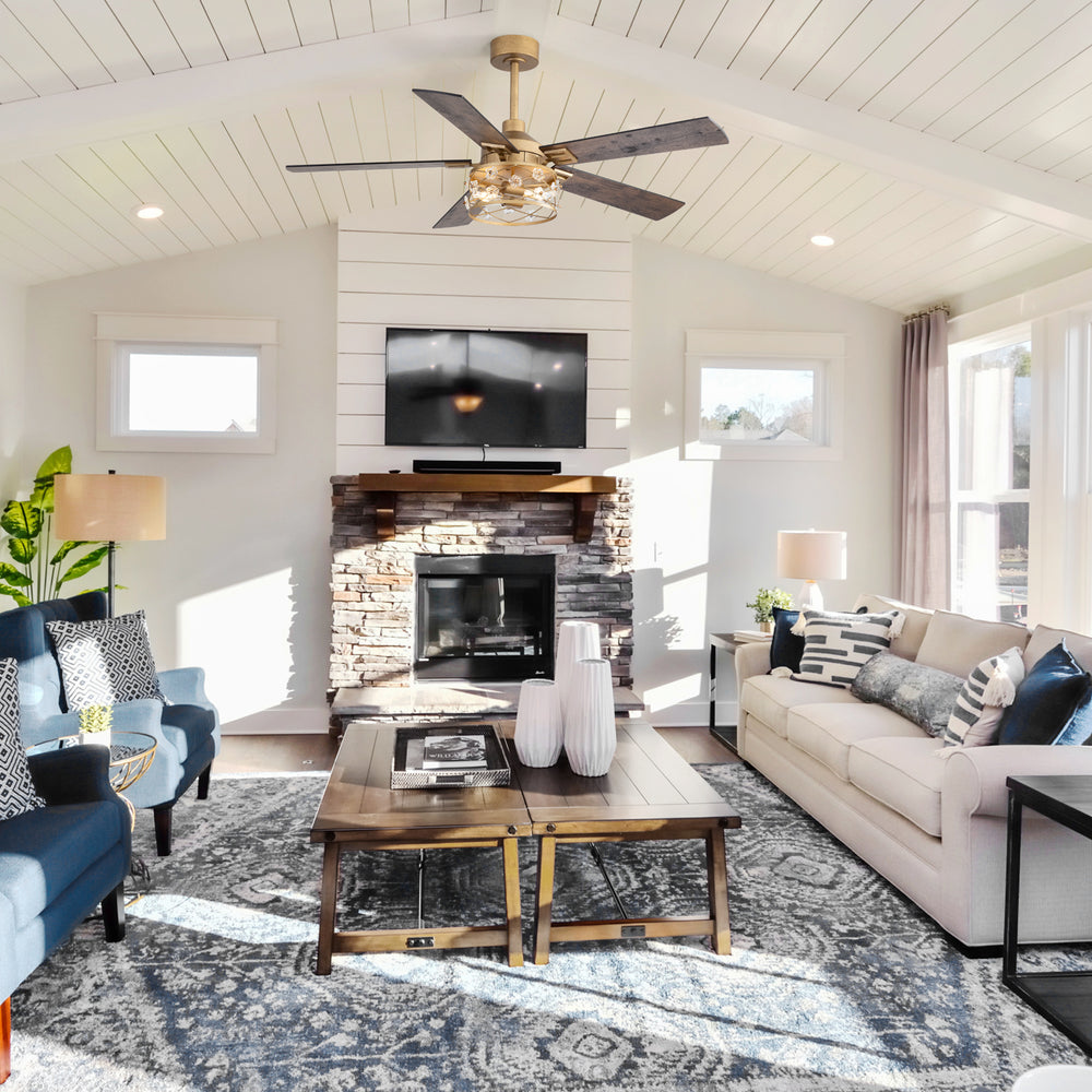 52-Inch Floral Glass Cage Ceiling Fan with Light and Remote – 5 Reversible Dual-Finish Blades, Quiet Energy-Saving DC Motor with 6 Speeds & Reversible Airflow, Includes 5" & 10" Downrods