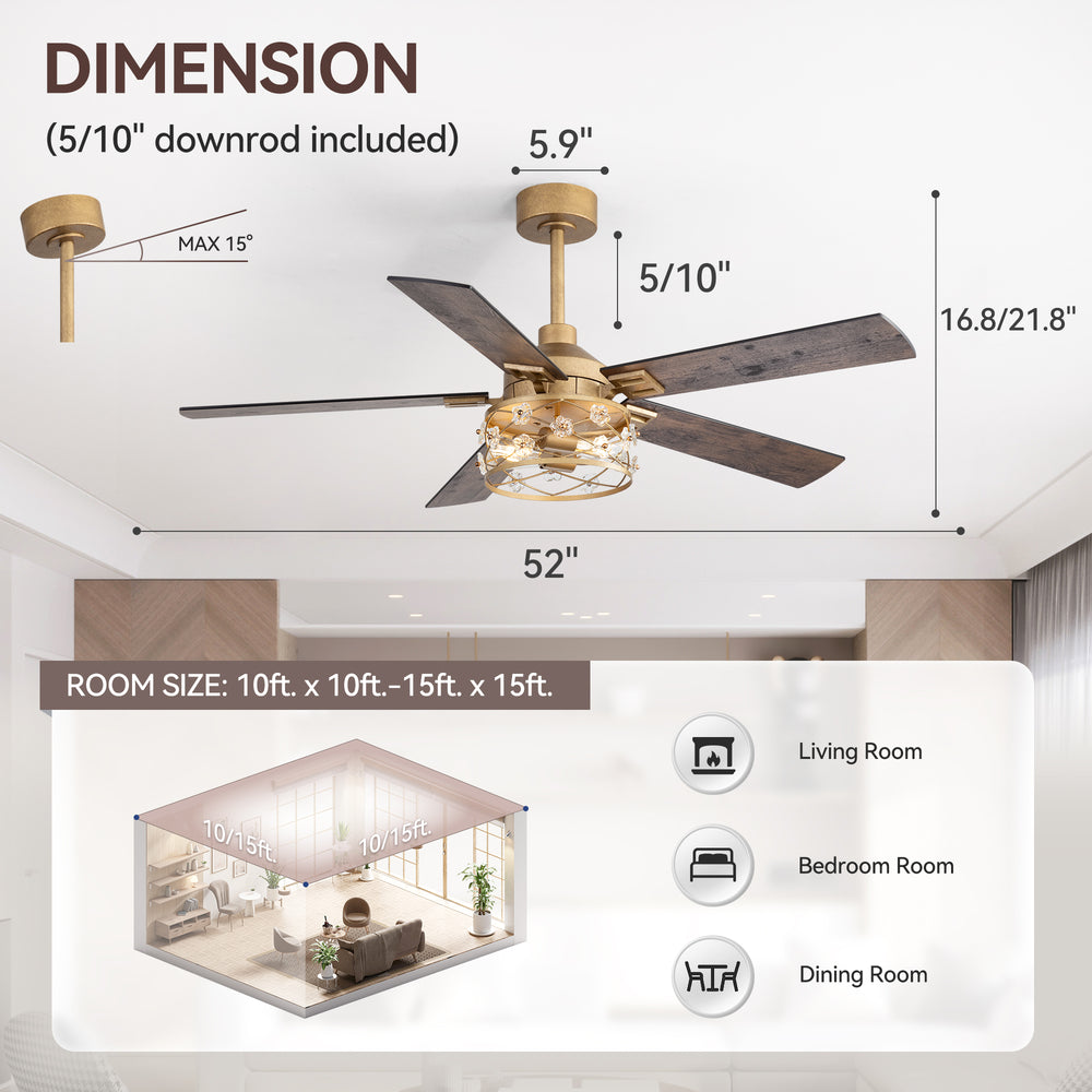 52-Inch Floral Glass Cage Ceiling Fan with Light and Remote – 5 Reversible Dual-Finish Blades, Quiet Energy-Saving DC Motor with 6 Speeds & Reversible Airflow, Includes 5" & 10" Downrods