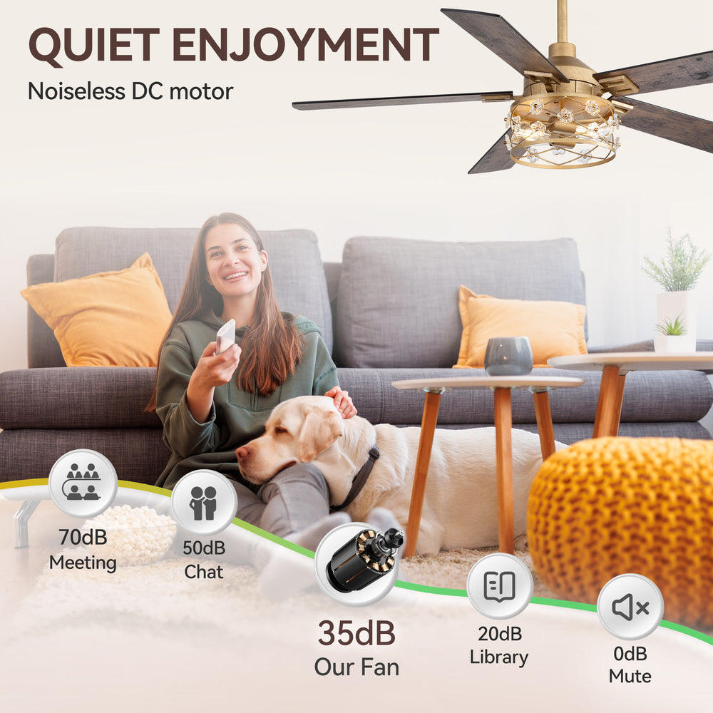 52-Inch Floral Glass Cage Ceiling Fan with Light and Remote – 5 Reversible Dual-Finish Blades, Quiet Energy-Saving DC Motor with 6 Speeds & Reversible Airflow, Includes 5" & 10" Downrods