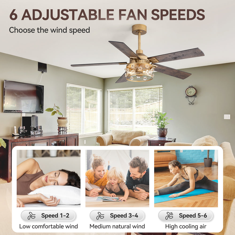 52-Inch Floral Glass Cage Ceiling Fan with Light and Remote – 5 Reversible Dual-Finish Blades, Quiet Energy-Saving DC Motor with 6 Speeds & Reversible Airflow, Includes 5" & 10" Downrods