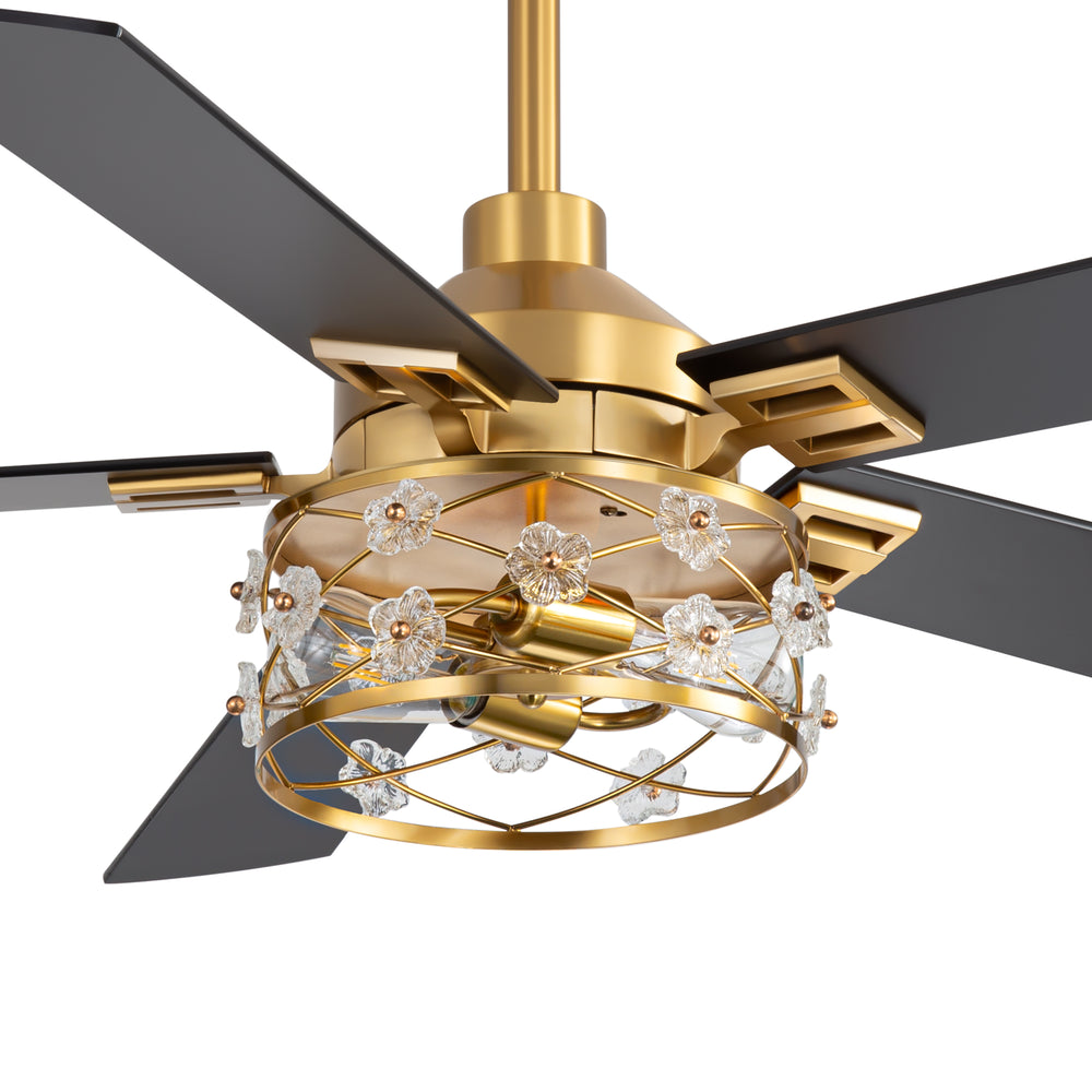 52-Inch Floral Glass Cage Ceiling Fan with Light and Remote – 5 Reversible Dual-Finish Blades, Quiet Energy-Saving DC Motor with 6 Speeds & Reversible Airflow, Includes 5" & 10" Downrods