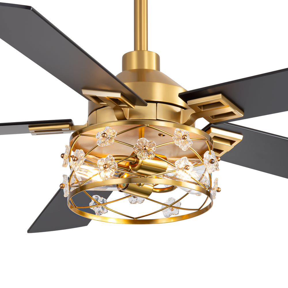 52-Inch Floral Glass Cage Ceiling Fan with Light and Remote – 5 Reversible Dual-Finish Blades, Quiet Energy-Saving DC Motor with 6 Speeds & Reversible Airflow, Includes 5" & 10" Downrods