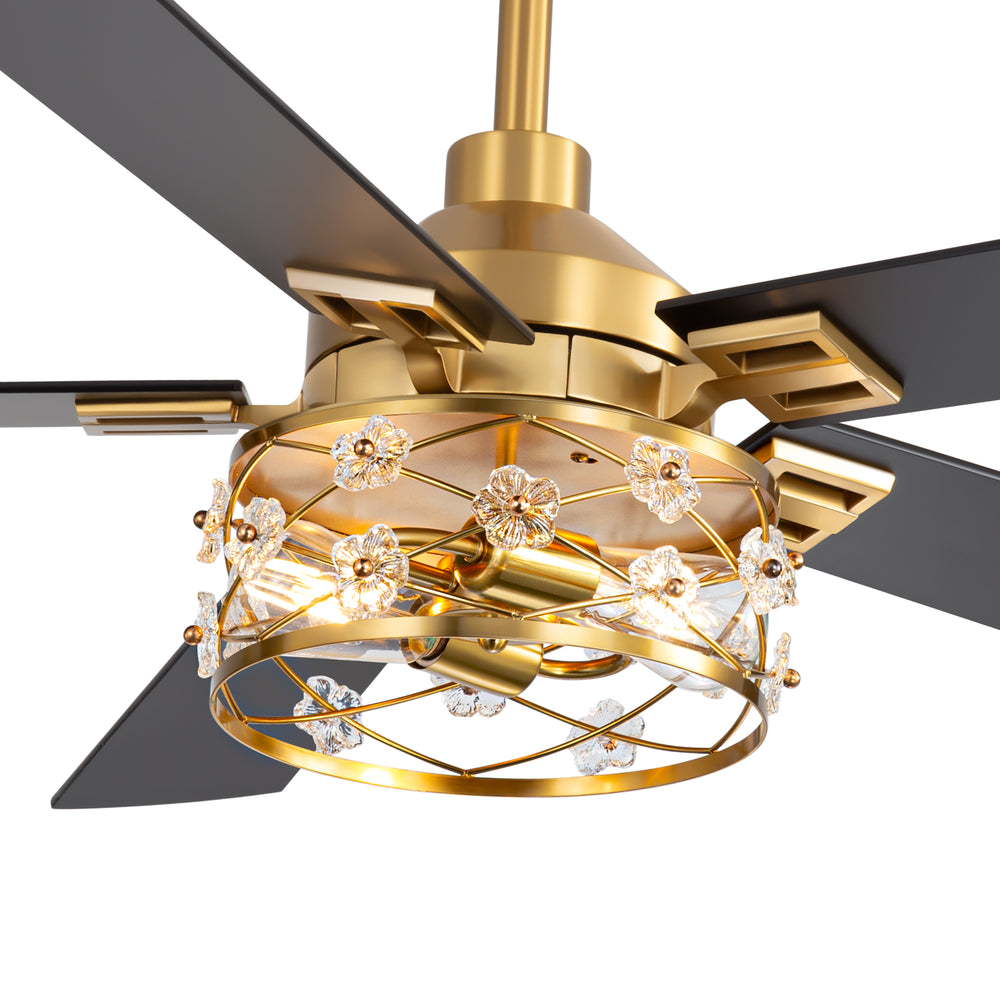 52-Inch Floral Glass Cage Ceiling Fan with Light and Remote – 5 Reversible Dual-Finish Blades, Quiet Energy-Saving DC Motor with 6 Speeds & Reversible Airflow, Includes 5" & 10" Downrods