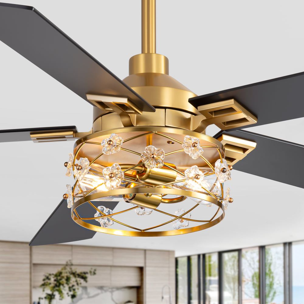 52-Inch Floral Glass Cage Ceiling Fan with Light and Remote – 5 Reversible Dual-Finish Blades, Quiet Energy-Saving DC Motor with 6 Speeds & Reversible Airflow, Includes 5" & 10" Downrods